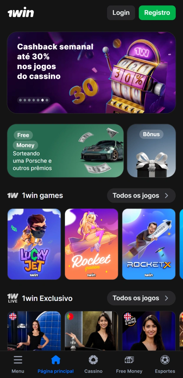 Abra o site oficial 1win e clique no botão verde.