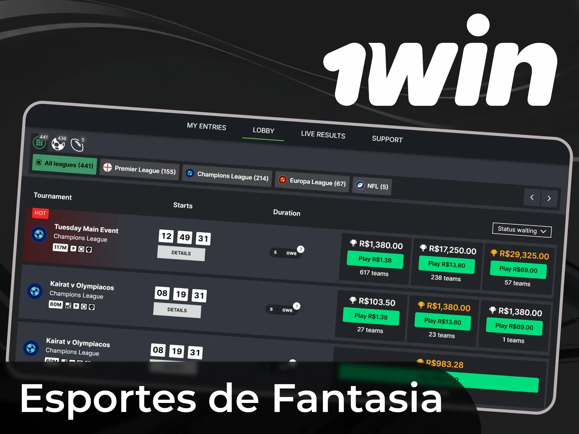 Você também pode apostar nos esportes de fantasia na aplicação 1win.